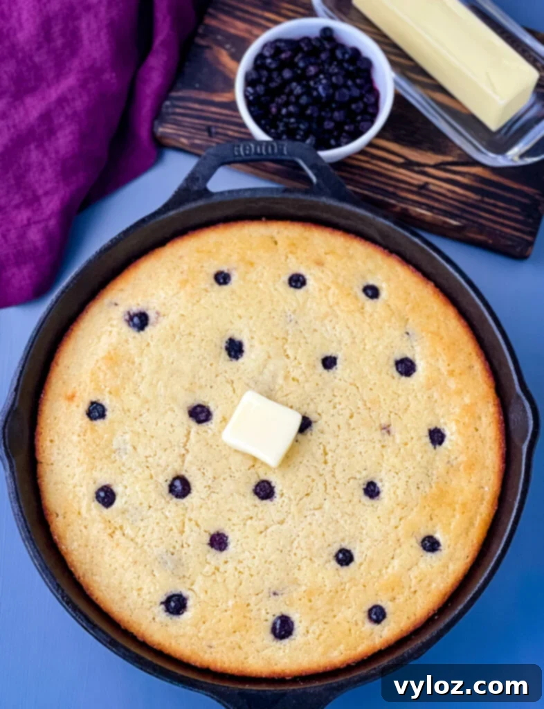 homemade blueberry cornbread in a cast iron skillet