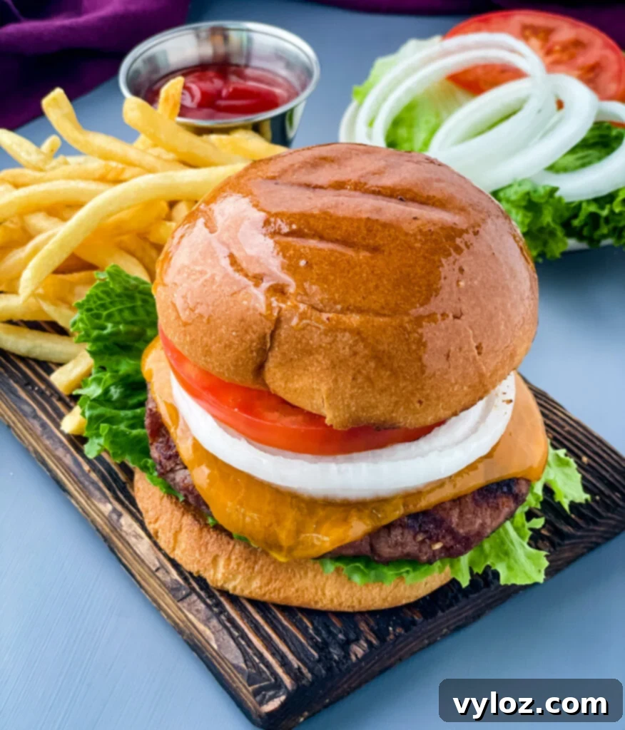Achieve Burger Perfection on Any Grill 12 Grilled cheeseburgers on a bun with a plate of fries, presented as a complete meal