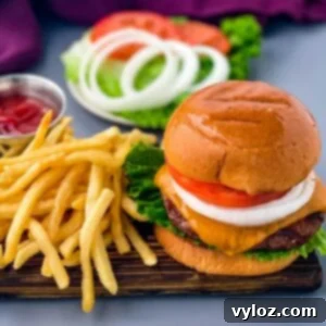 Achieve Burger Perfection on Any Grill 13 Grilled cheeseburgers on a bun with a plate of fries