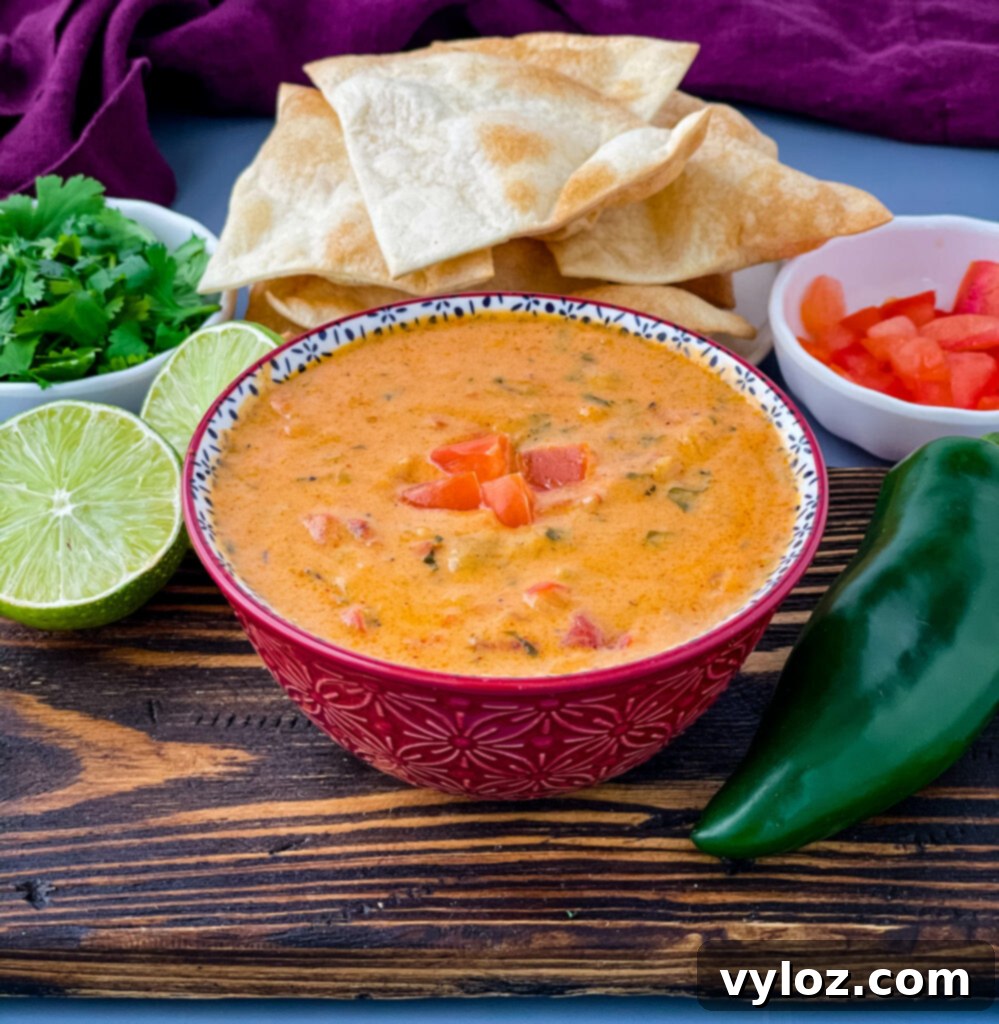 Golden Queso Dip 2 queso cheese dip in a red bowl with a plate of chips