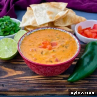 Golden Queso Dip 11 queso cheese dip in a red bowl with a plate of chips