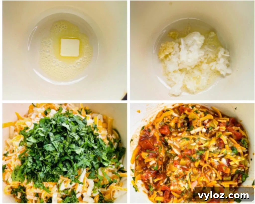 Golden Queso Dip 6 collage photo of 4 photos showing melted butter and uncooked queso cheese dip in a saucepan