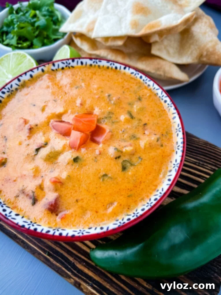 Golden Queso Dip 9 queso cheese dip in a red bowl with a plate of chips