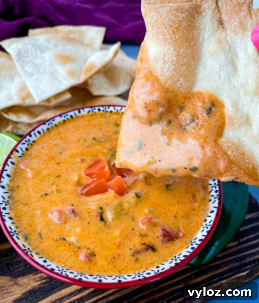 Golden Queso Dip 10 person holding a chip with homemade queso cheese dip