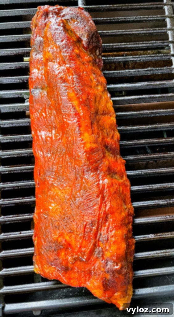 BBQ baby back ribs cooking on a grill