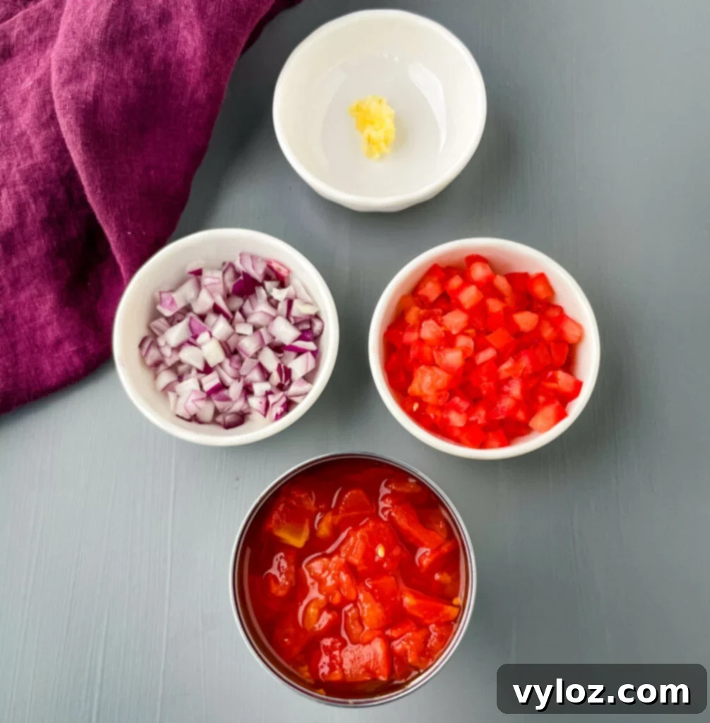 chopped onions, garlic, chopped tomatoes, and diced tomatoes in separate bowls