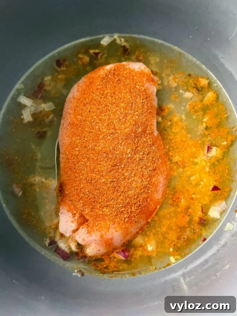 raw chicken in an Instant Pot with broth and seasoning