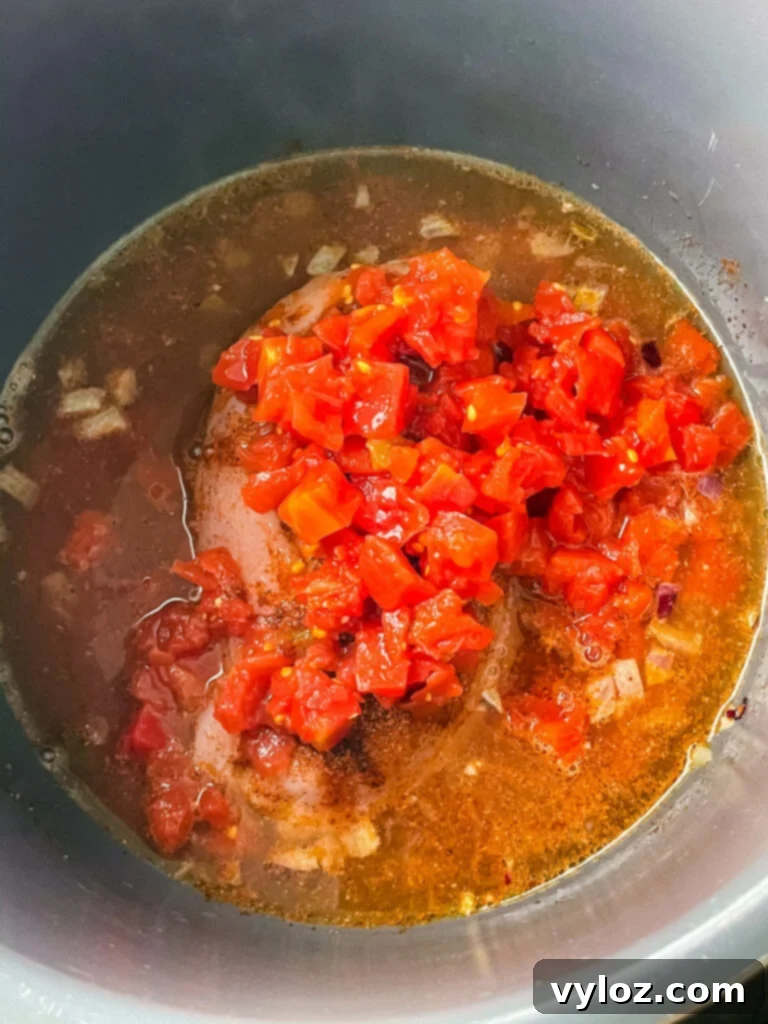 chicken breast in an Instant Pot with diced tomatoes and chilies