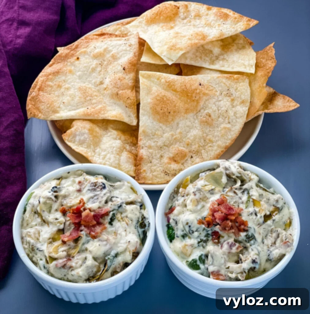 bacon spinach artichoke dip in separate bowls with chips