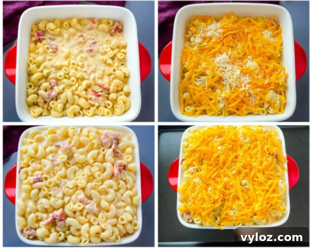A collage of three photos showing unbaked lobster mac and cheese layered in an 8x8 baking dish, with the top layer covered in shredded cheese, ready to be baked to a golden crust.