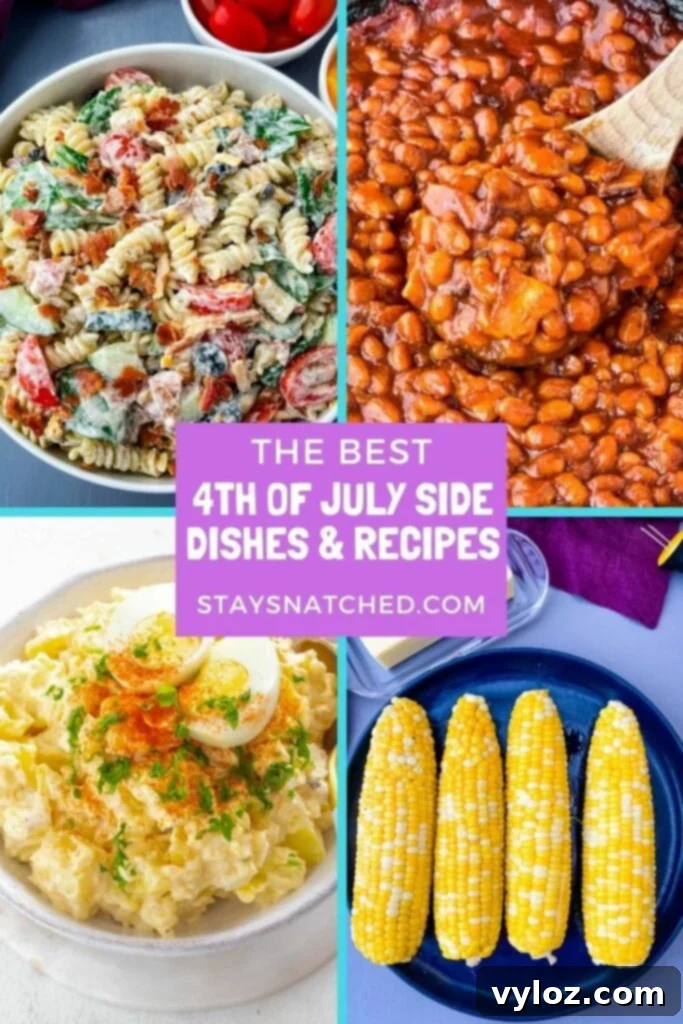 A vibrant spread of Fourth of July side dishes, featuring various colorful salads, grilled corn, and baked beans, beautifully arranged for a festive summer cookout.