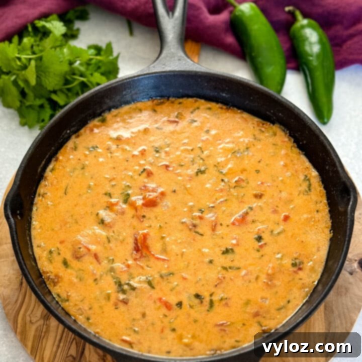 A bubbling bowl of hot, creamy Smoked Queso Dip, garnished generously with fresh cilantro.