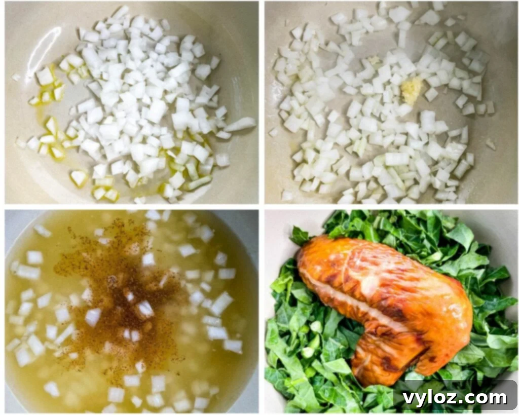 A collage photo showing sauteed onions in a pot with collard greens being added.