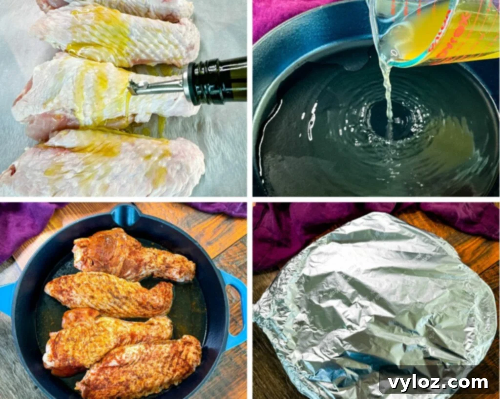 Succulent Roasted Turkey Wings 7 a collage of 4 photos with raw turkey wings drizzled in olive oil and seasoned with spices in a cast iron skillet covered with foil