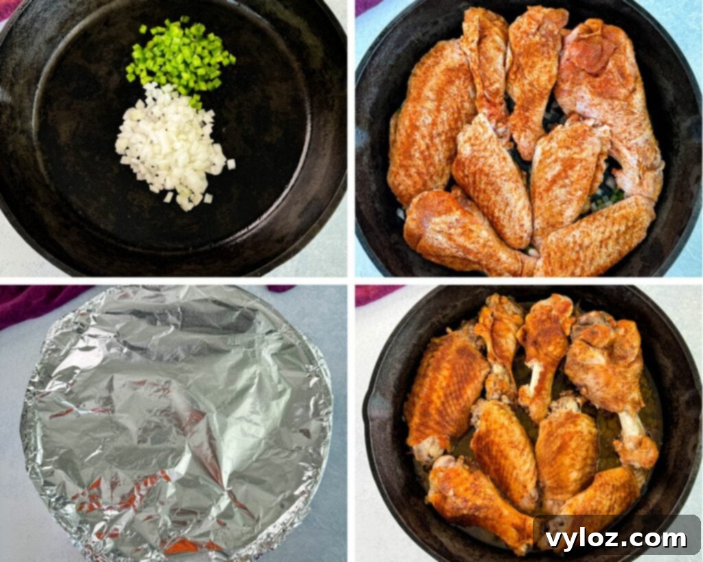 Collage of 4 photos: green peppers, onions, raw turkey wings in a cast iron skillet, and seasoned wings