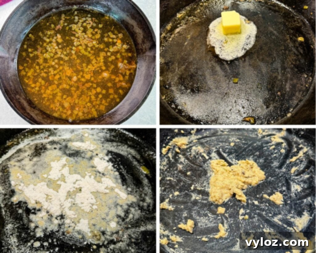 Collage of 4 photos: melted butter, flour, and turkey drippings being combined in a cast iron skillet to make a roux