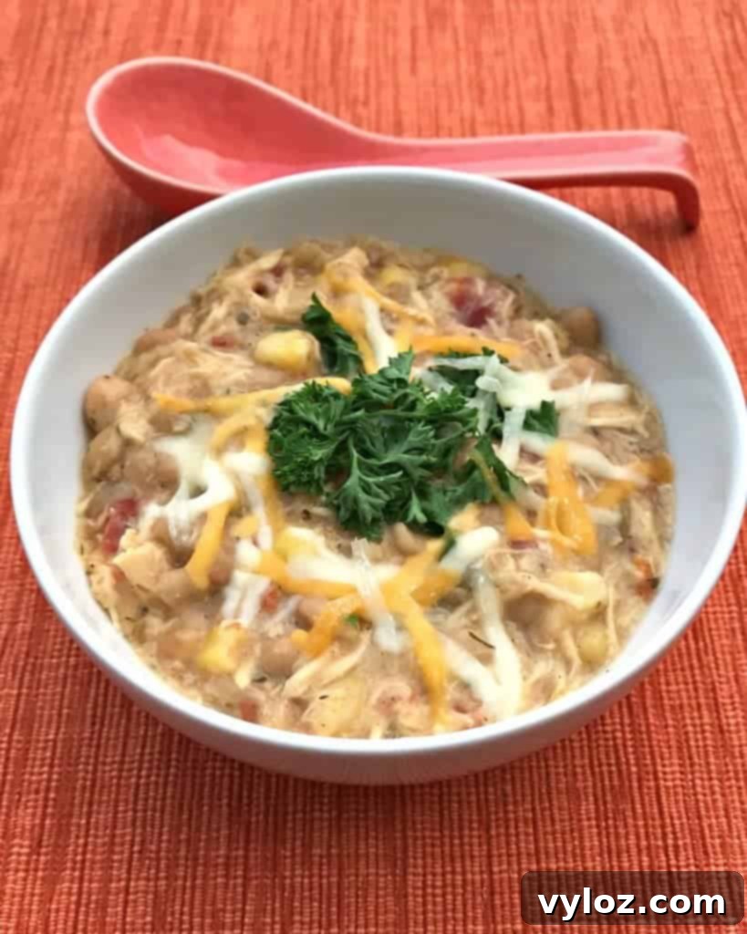 Creamy Slow Cooker White Chicken Comfort 3 Lightened-Up Slow-Cooker White Chicken Chili ready to be served