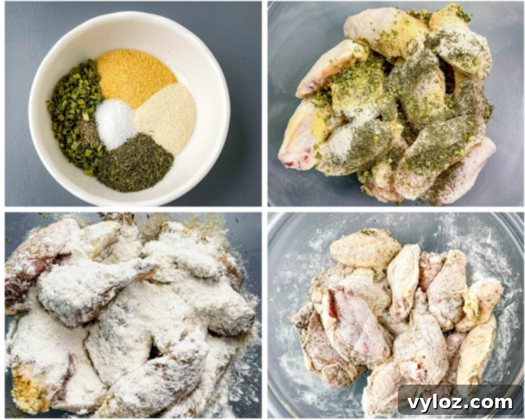 A collage of four images showing raw chicken wings being seasoned with homemade ranch dry rub in various stages, highlighting even coating.