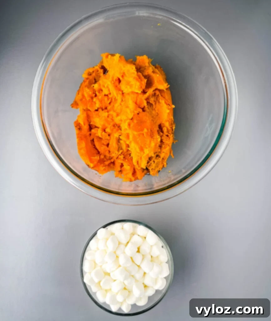 mashed sweet potatoes and marshmallows in separate bowls