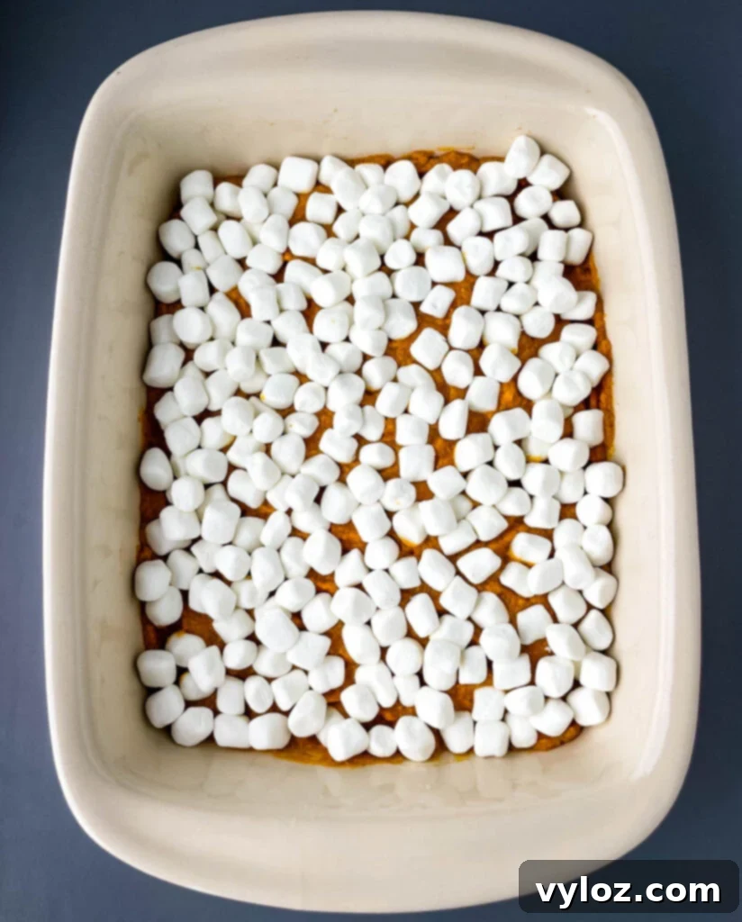 mashed sweet potatoes in a baking dish topped with marshmallows