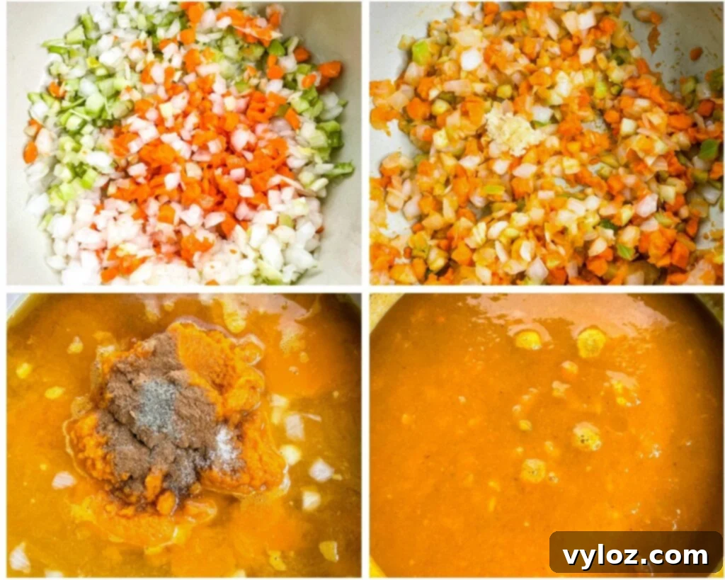 Quick Creamy Pumpkin Soup with Canned Pumpkin 4 collage photo of 4 photos showing how to saute veggies and mix in pumpkin puree for the soup