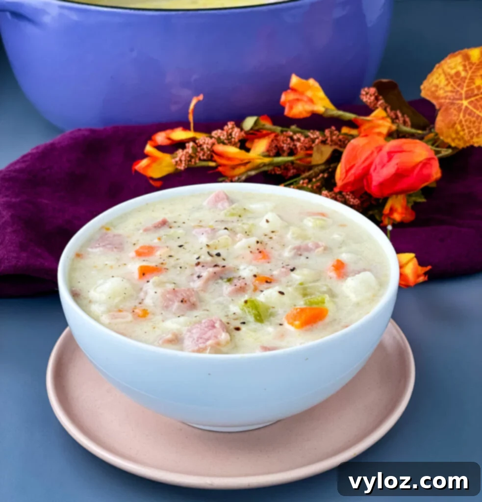 A generous serving of creamy ham, potato, and vegetable soup in a rustic white bowl, garnished with fresh herbs, ready to be enjoyed.