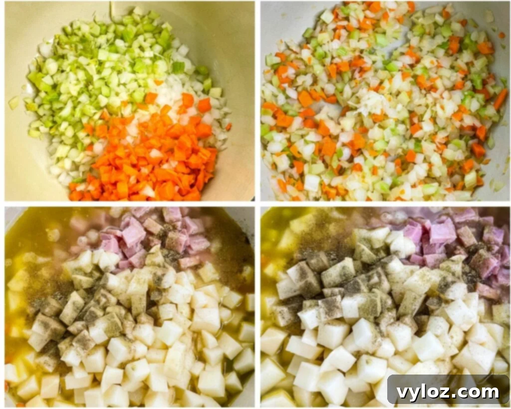 A collage of four photos showing the progression of cooking, starting with sauteed vegetables in a Dutch oven and ending with the full soup simmering.