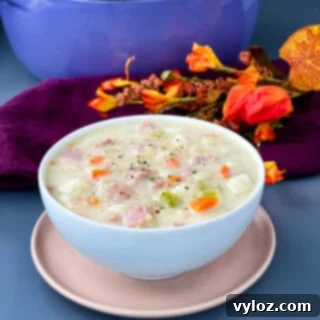 A bowl of creamy ham, potato, and vegetable soup.