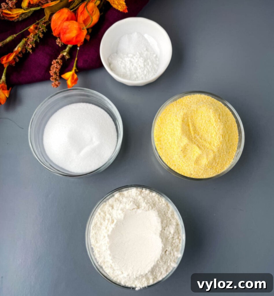 A selection of dry ingredients for cornbread casserole: cornmeal, flour, baking powder, sweetener, and salt, each in separate glass bowls, ready for mixing.
