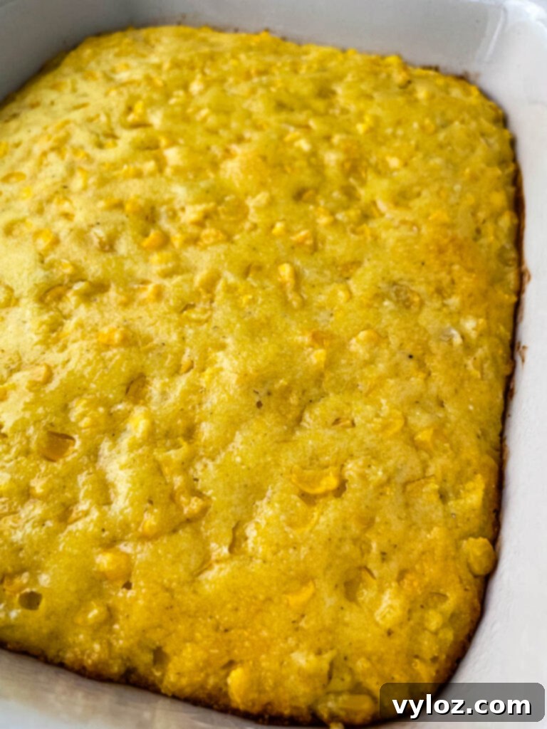 A close-up of the perfectly golden and slightly crusty top of a homemade corn casserole in a baking dish, highlighting its appetizing texture.