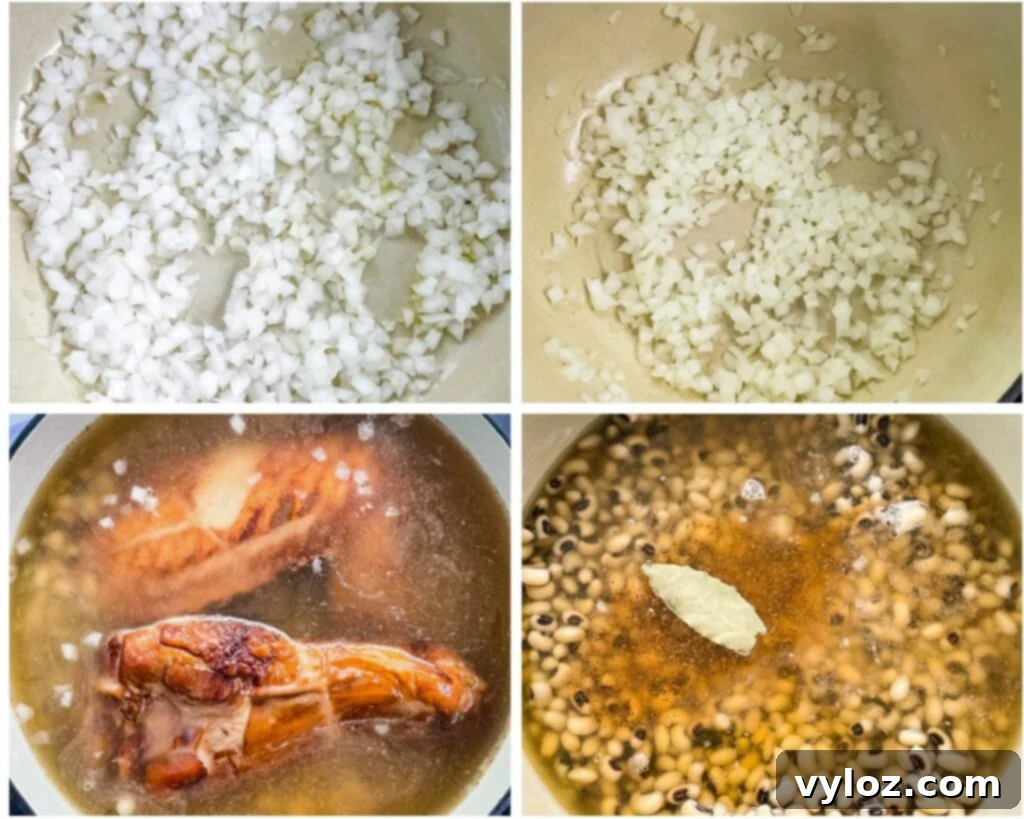 Classic Southern Black Eyed Peas and Smoked Turkey 5 A four-panel collage showing the step-by-step process of making Southern Black Eyed Peas: sautéing onions, adding black eyed peas, pouring in broth, and adding smoked turkey to a Dutch oven.