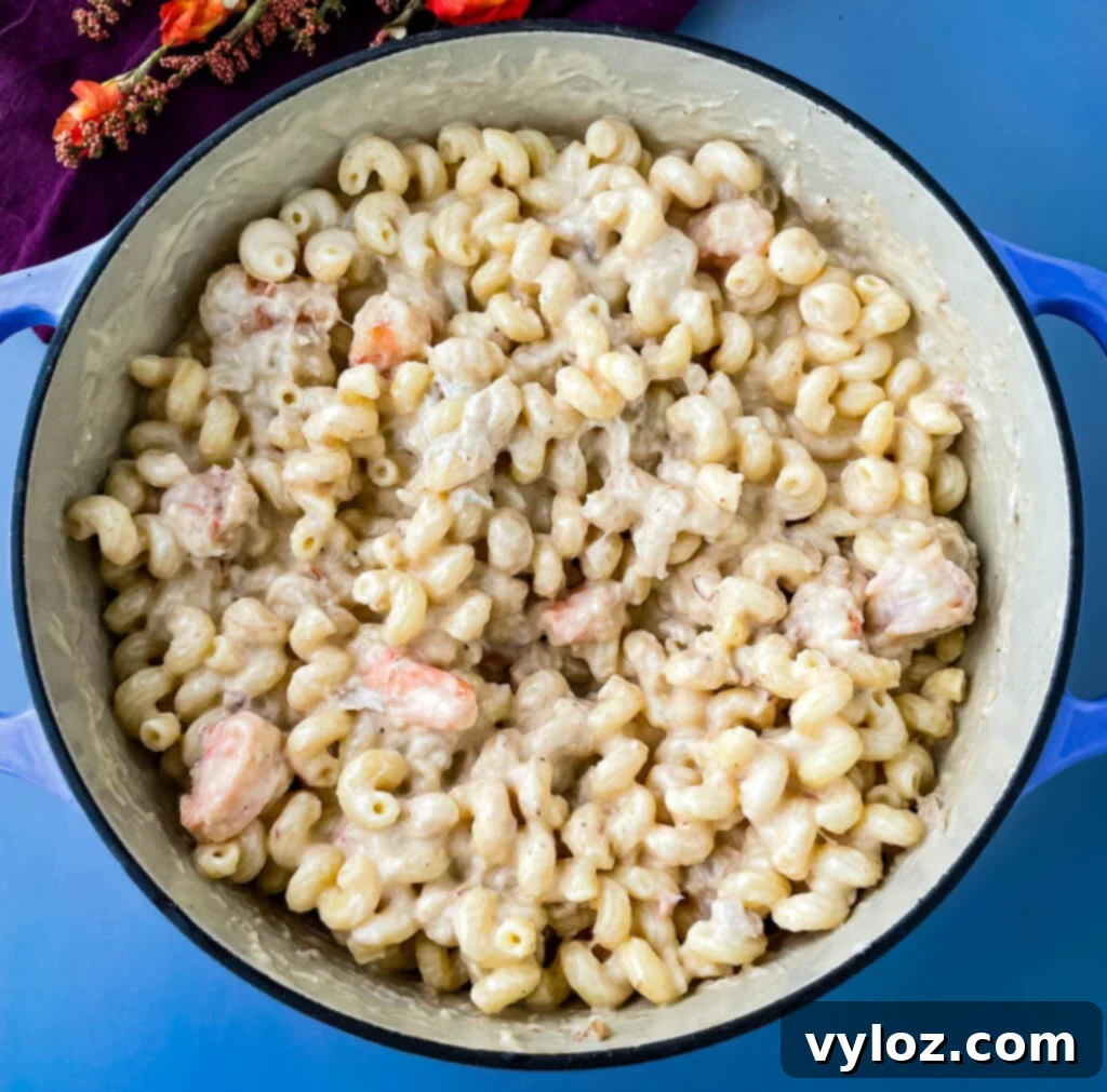 Gourmet Seafood Mac & Cheese 11 Cooked pasta mixed with mac and cheese cream sauce, crab, and shrimp in a Dutch oven, showing the generous seafood content.