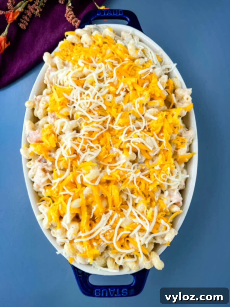 Gourmet Seafood Mac & Cheese 12 An unbaked seafood mac and cheese casserole, generously topped with shredded cheese, in a baking dish before going into the oven.