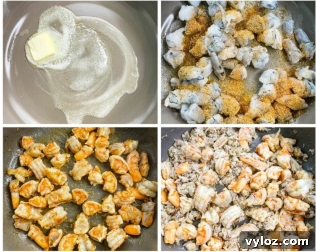 Gourmet Seafood Mac & Cheese 7 A four-panel collage showing raw shrimp being cooked in melted butter and Old Bay seasoning in a skillet until perfectly pink.