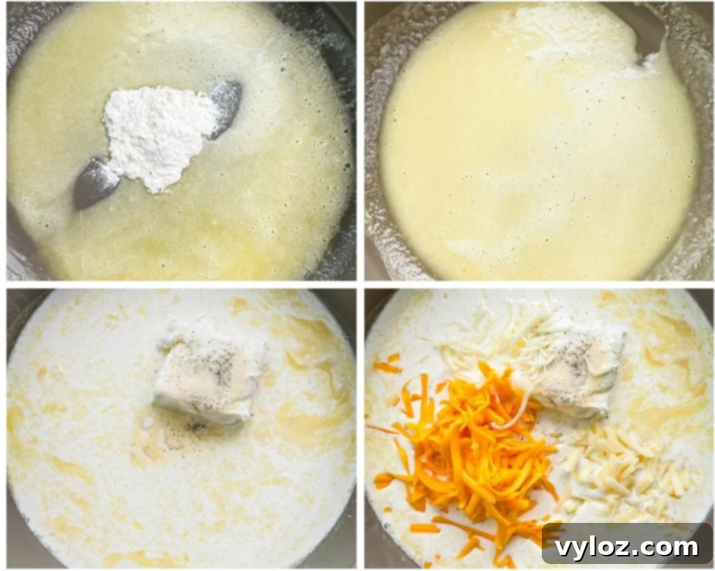 Gourmet Seafood Mac & Cheese 8 A collage of four photos showing the process of making cheese sauce, from melting butter and adding flour to the finished creamy sauce in a skillet.