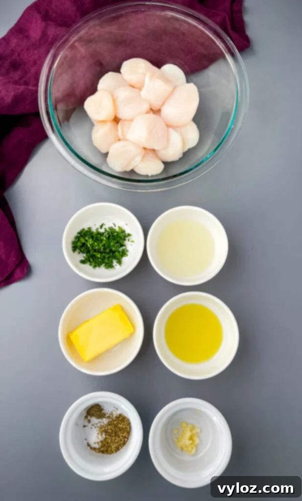 raw scallops, chopped parsley, butter, olive oil, and lemon juice in separate bowls
