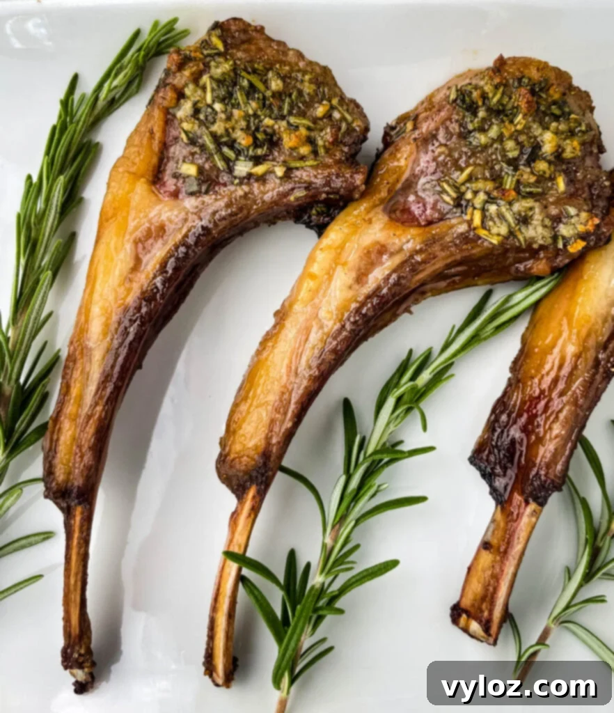 Crispy and juicy air fryer lamb chops on a white plate, garnished with fresh rosemary.