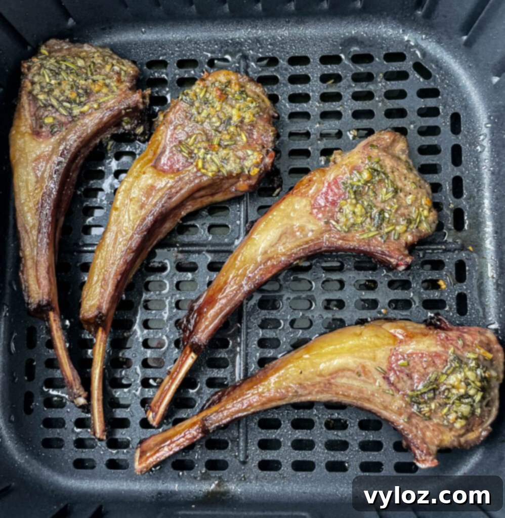Golden-brown lamb chops cooking evenly in an air fryer basket.