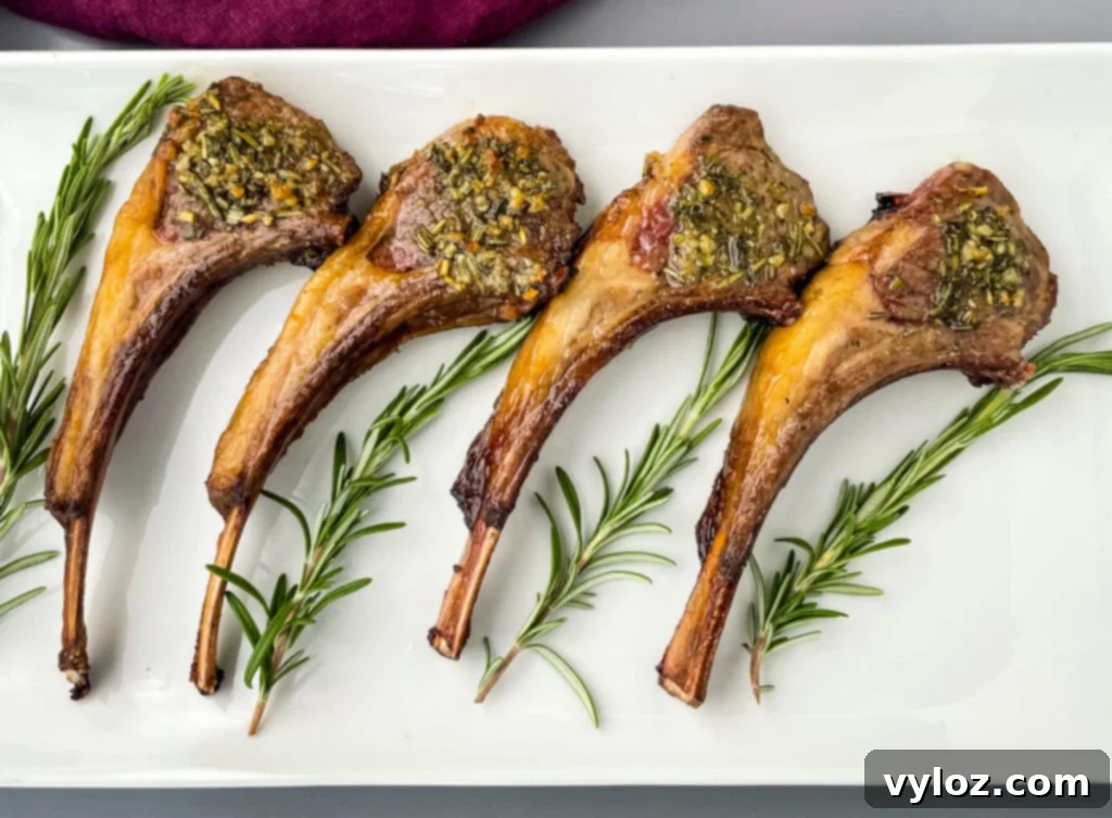 Plated air fryer lamb chops with a sprig of rosemary, showcasing a perfect golden crust.