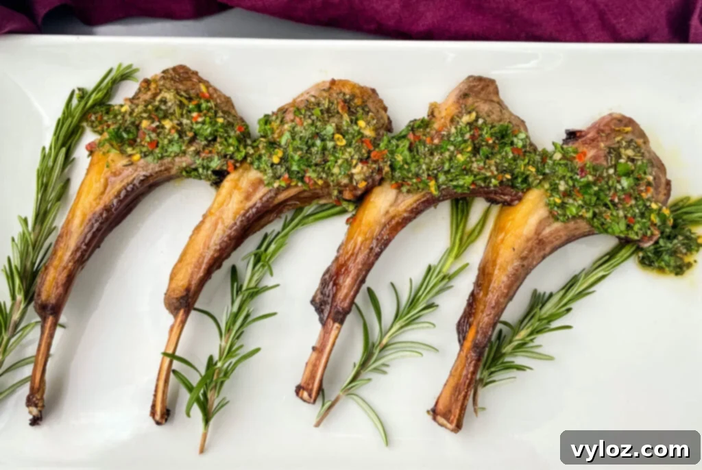 Air fryer lamb chops on a white plate, garnished with rosemary and drizzled with green chimichurri sauce.