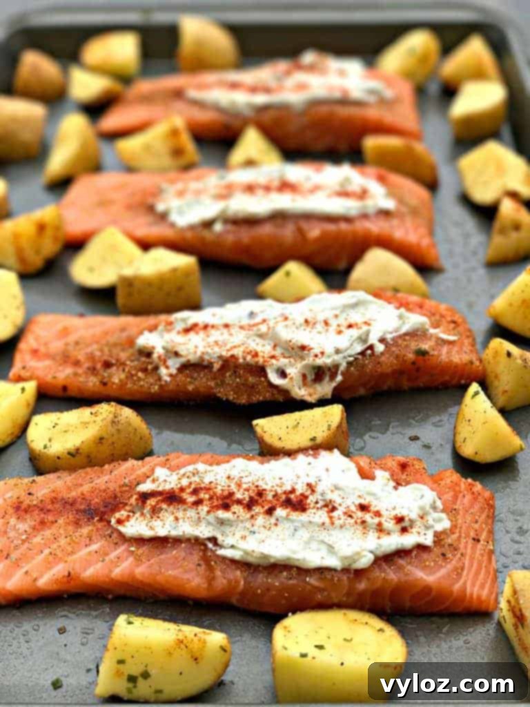 sheet pan garlic herb goat cheese stuffed salmon