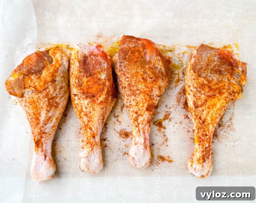 Raw turkey legs generously coated with seasoning, ready for cooking, placed on parchment paper.