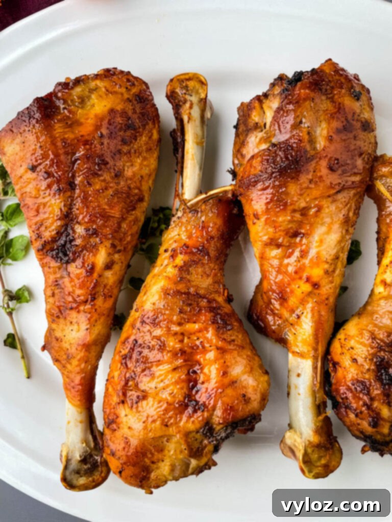 Two golden-brown, crispy air fryer turkey legs artfully arranged on a white plate, ready to be served.