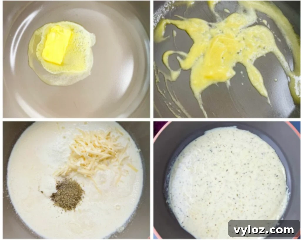 A collage showing butter and flour in a pan forming a roux, followed by heavy cream being added to create a creamy alfredo sauce.