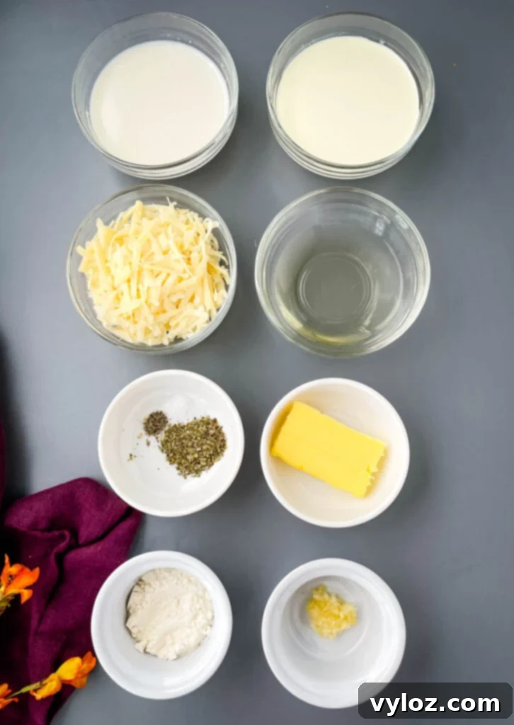 Bowls of almond milk, heavy cream, shredded mozzarella cheese, dry white wine, Italian Seasoning, butter, flour, and minced garlic, illustrating the sauce ingredients.