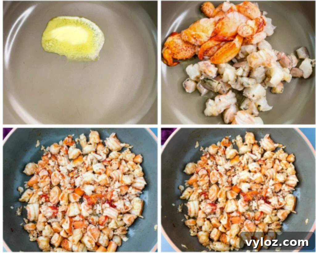Shrimp and lobster pieces being sautéed with butter in a skillet, turning pink and opaque as they cook.