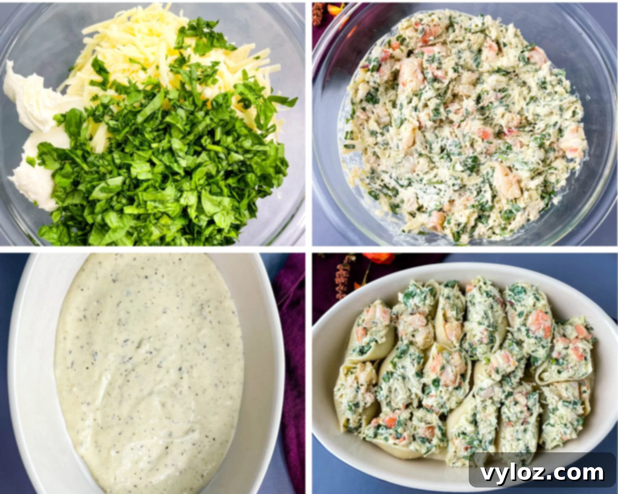A collage of four photos demonstrating the process of stuffing pasta shells with a creamy alfredo sauce, shrimp, crab, and lobster filling.