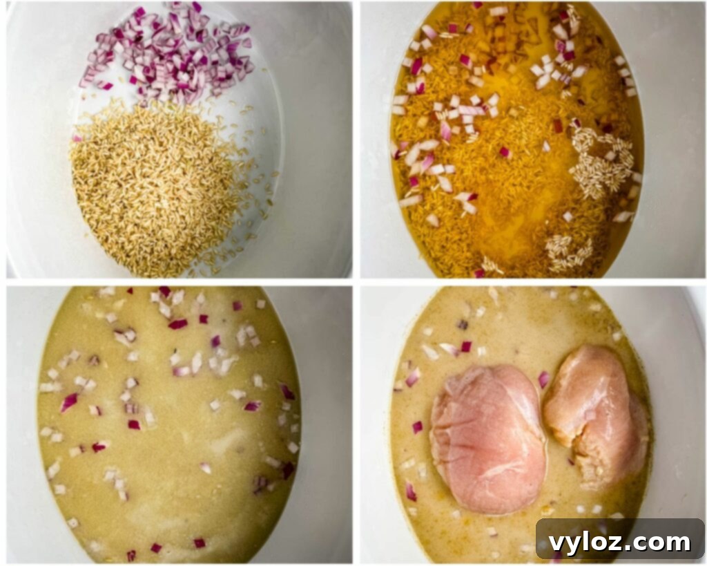Creamy Cheesy Slow Cooker Chicken and Rice 6 Collage of 4 photos showing the stages of adding chicken, rice, broth, and seasonings to a Crockpot slow cooker
