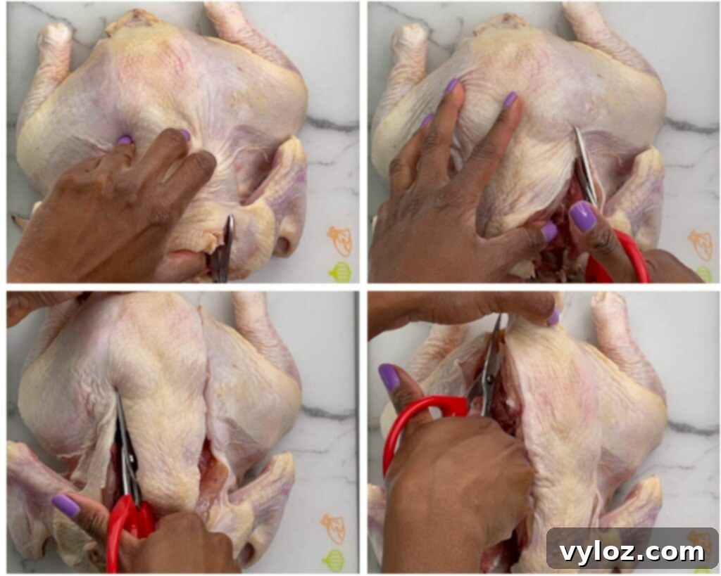 collage of 4 photos demonstrating how to cut the backbone off a whole chicken