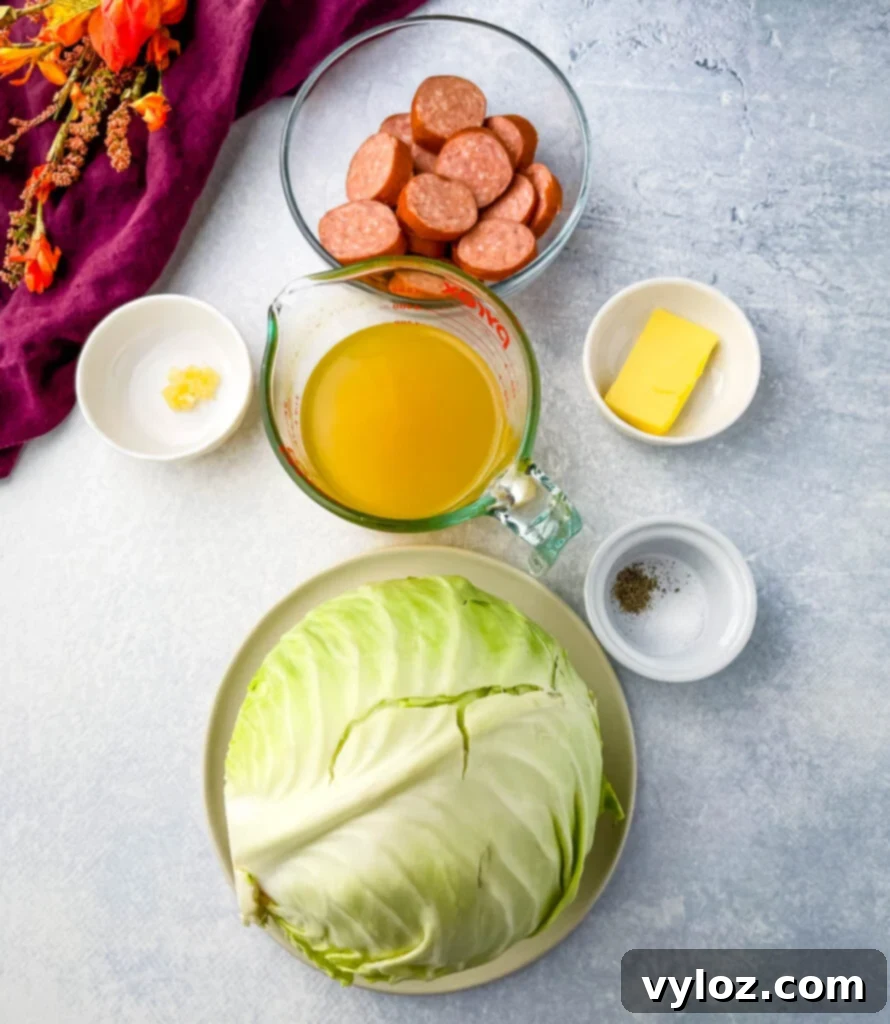 andouille sausage, garlic, butter, salt, pepper, and fresh cabbage on a flat surface
